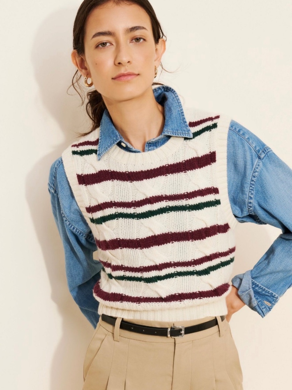 Polo Ralph Lauren X Anthropologie Wool Cashmere Striped Cable Knit Sweater Vest